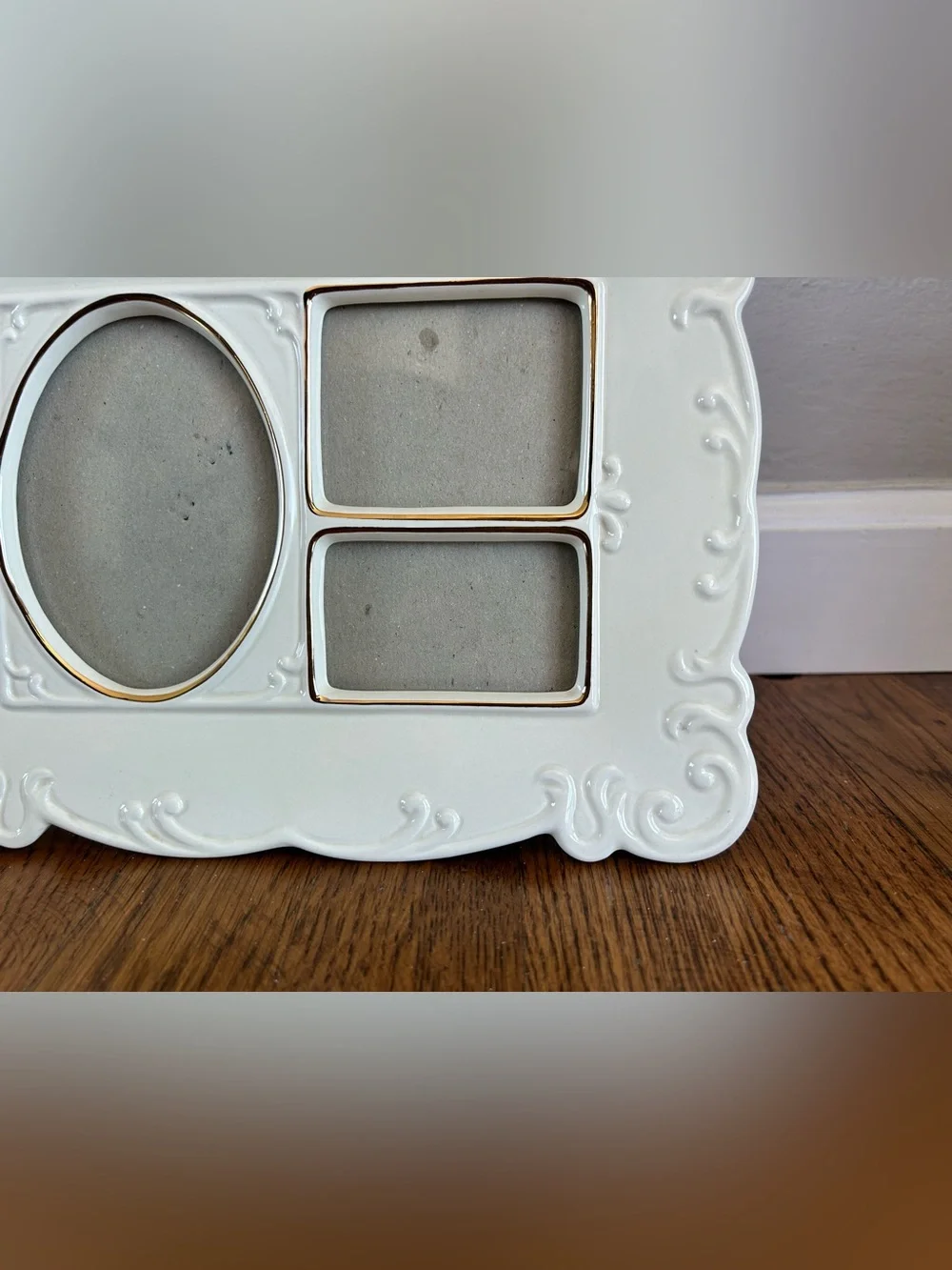 Vintage White Ceramic Collage Frame | Gold Trim, Embossed Scrollwork, Triple Pic